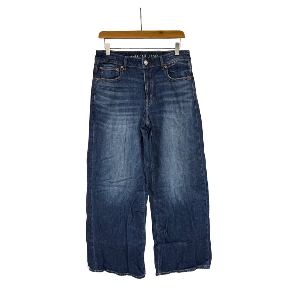 American Eagle Low Rise Baggy Wide Leg Jeans Dark Wash Raw Hem 6 Regular New
